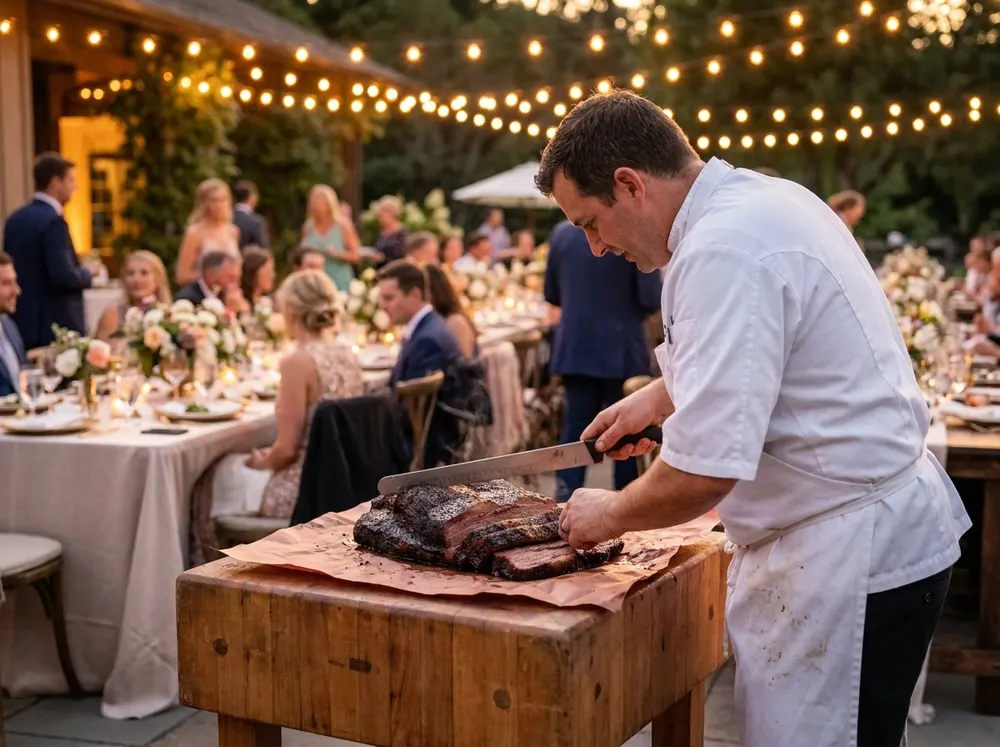 A barbecue carving station at an outdoor wedding reception at dusk, chef slicing brisket under string lights.