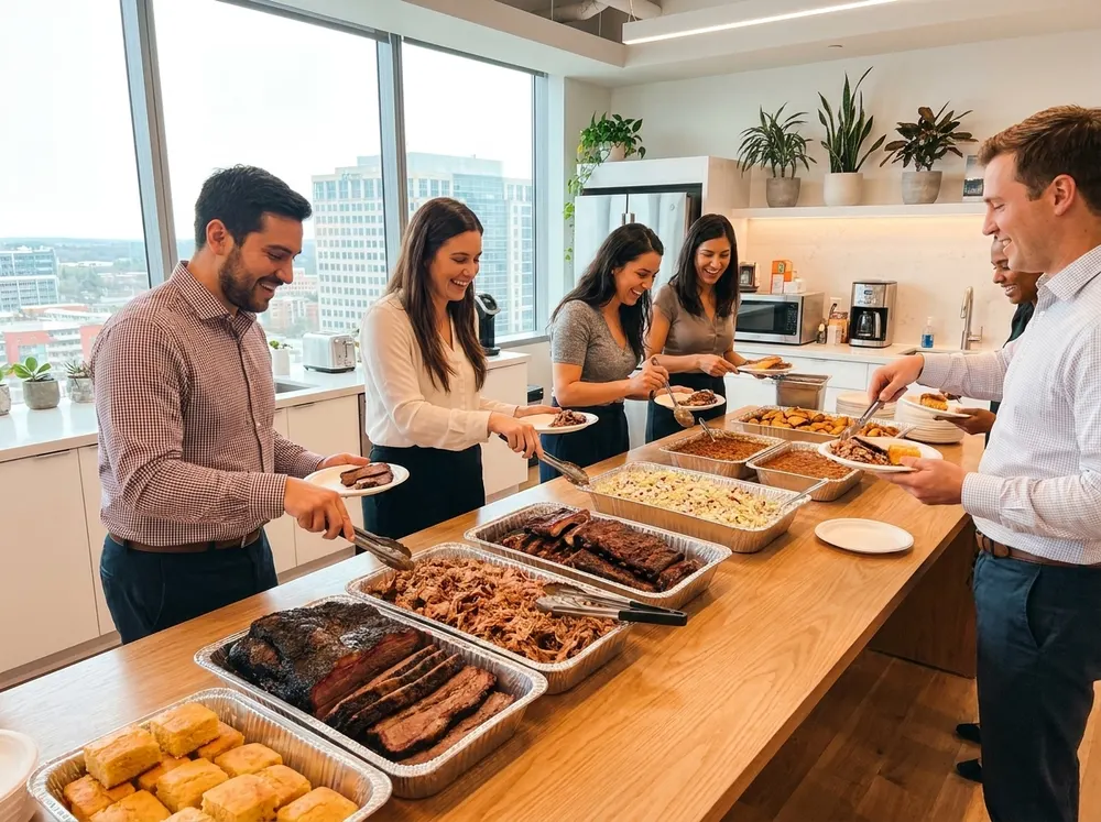 Catering trays of barbecue on a long table in a bright office kitchen, people serving themselves.