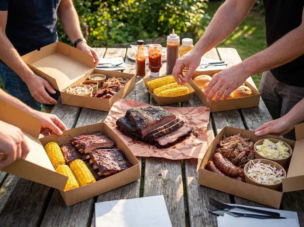 A backyard picnic table with a barbecue spread being unpacked from kraft boxes in afternoon sun.