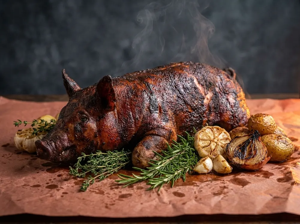 A whole smoked hog presented on a butcher-paper-lined table in a warm, rustic room.