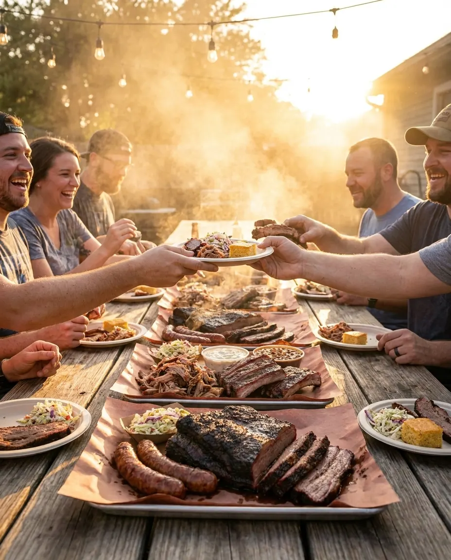 A long family-style table at golden hour loaded with barbecue on butcher paper, hands passing plates.
