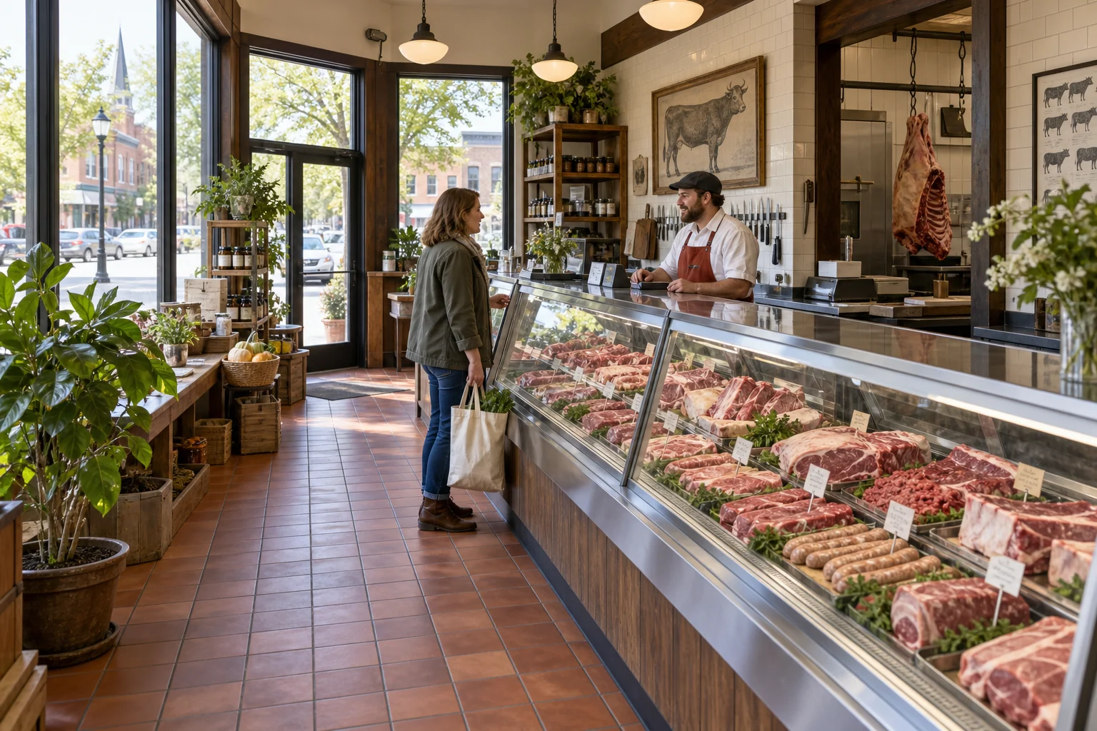 A bright neighborhood butcher shop with a long glass counter and a butcher welcoming a customer.