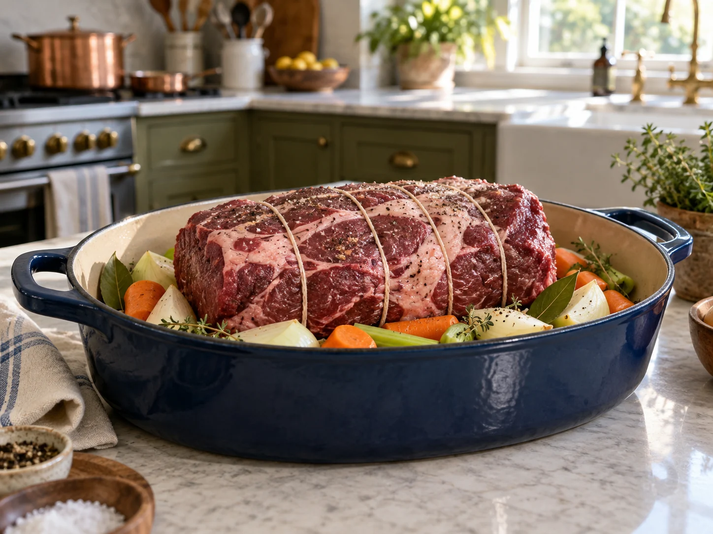 A tied chuck roast in a blue enamel roasting dish in a sunlit kitchen.