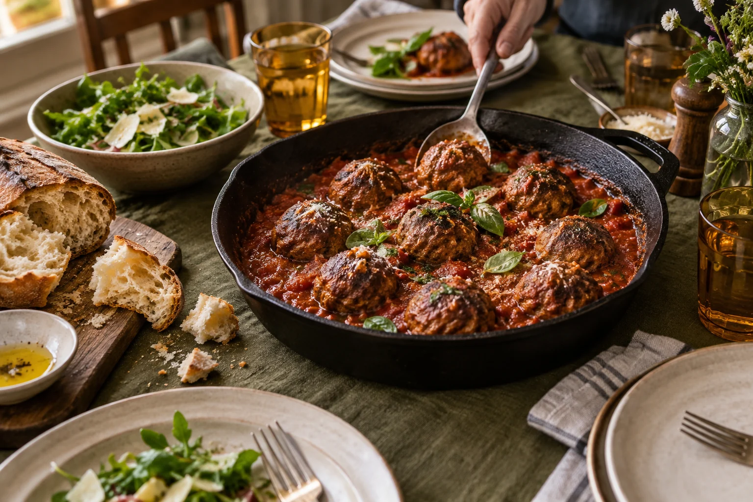 Serving suggestion: beef meatballs in tomato sauce, with bread and greens on a family table.