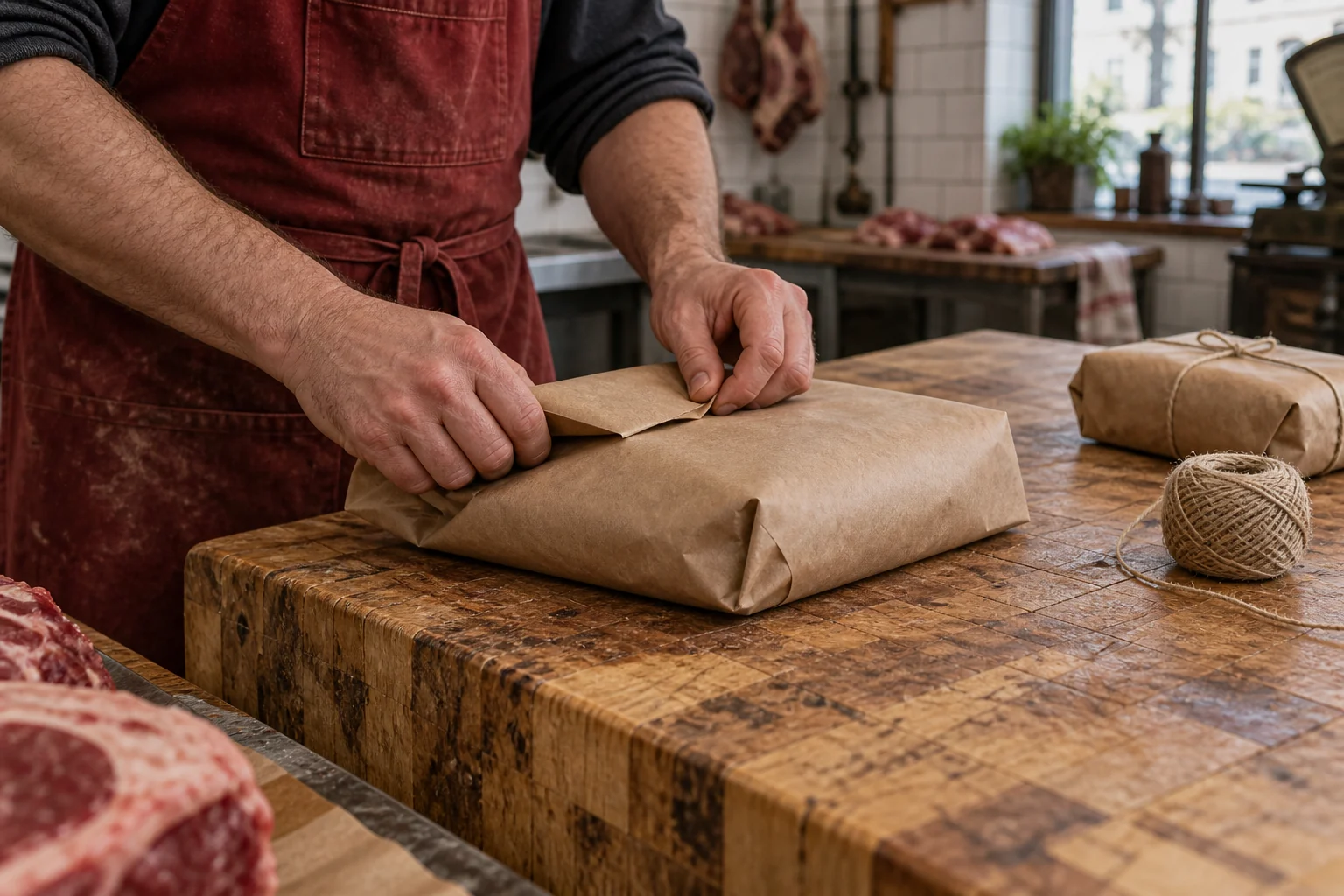 A butcher folds kraft paper around a parcel on a genuine worn workbench beside a ball of twine.
