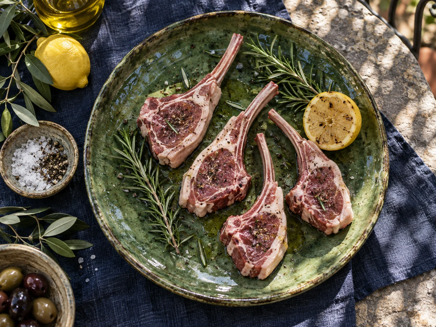 Lamb rib chops with rosemary and lemon on a handmade green ceramic platter.