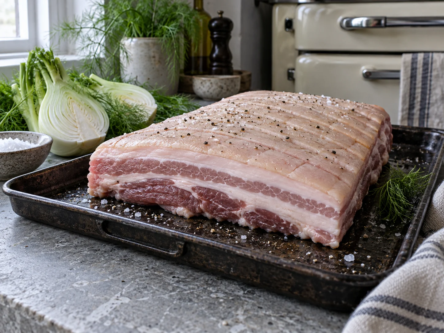 A scored pork belly slab with fennel on a dark roasting tray beside an oven.