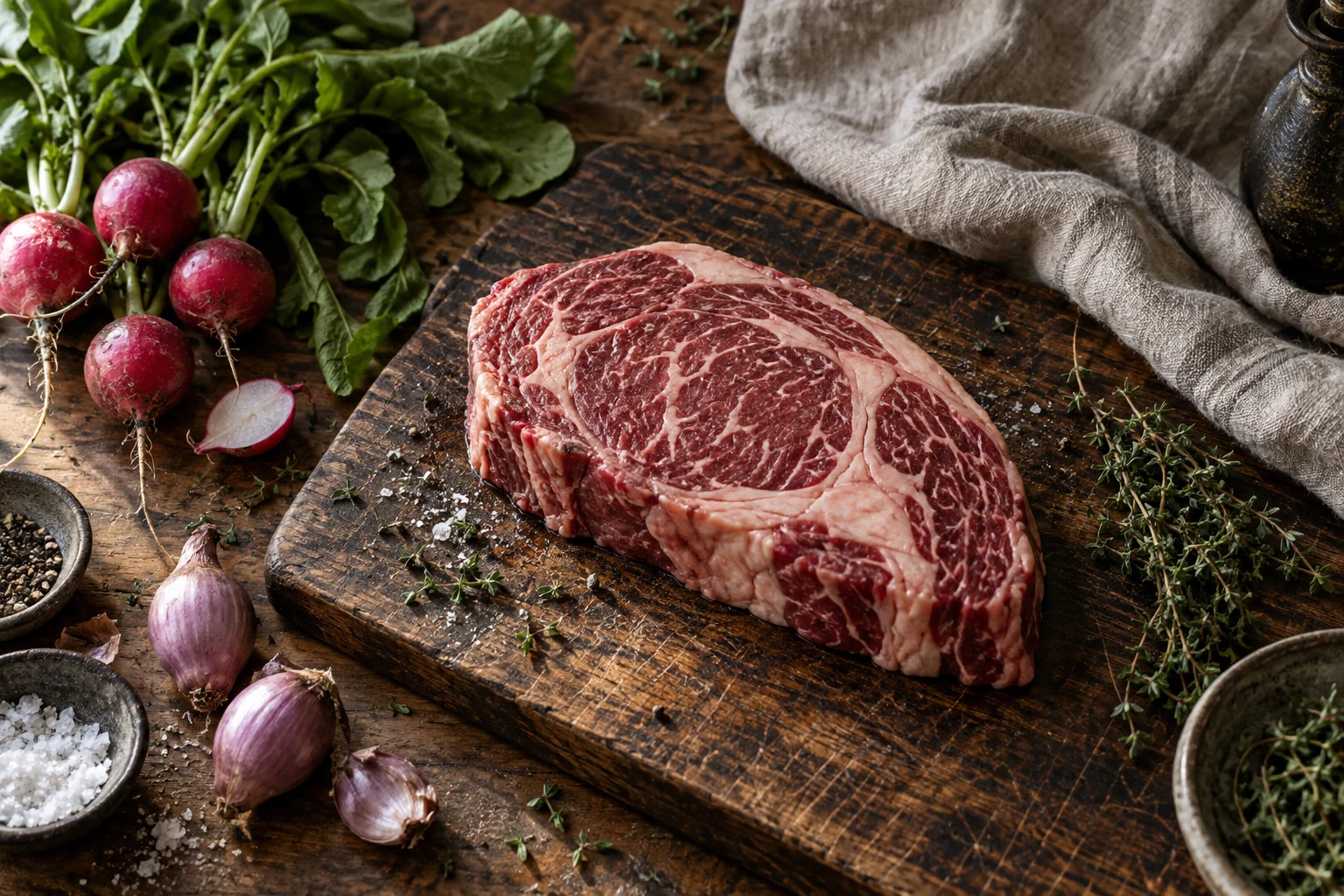 Marbled ribeye on a worn walnut board with radishes, shallots and fresh herbs.