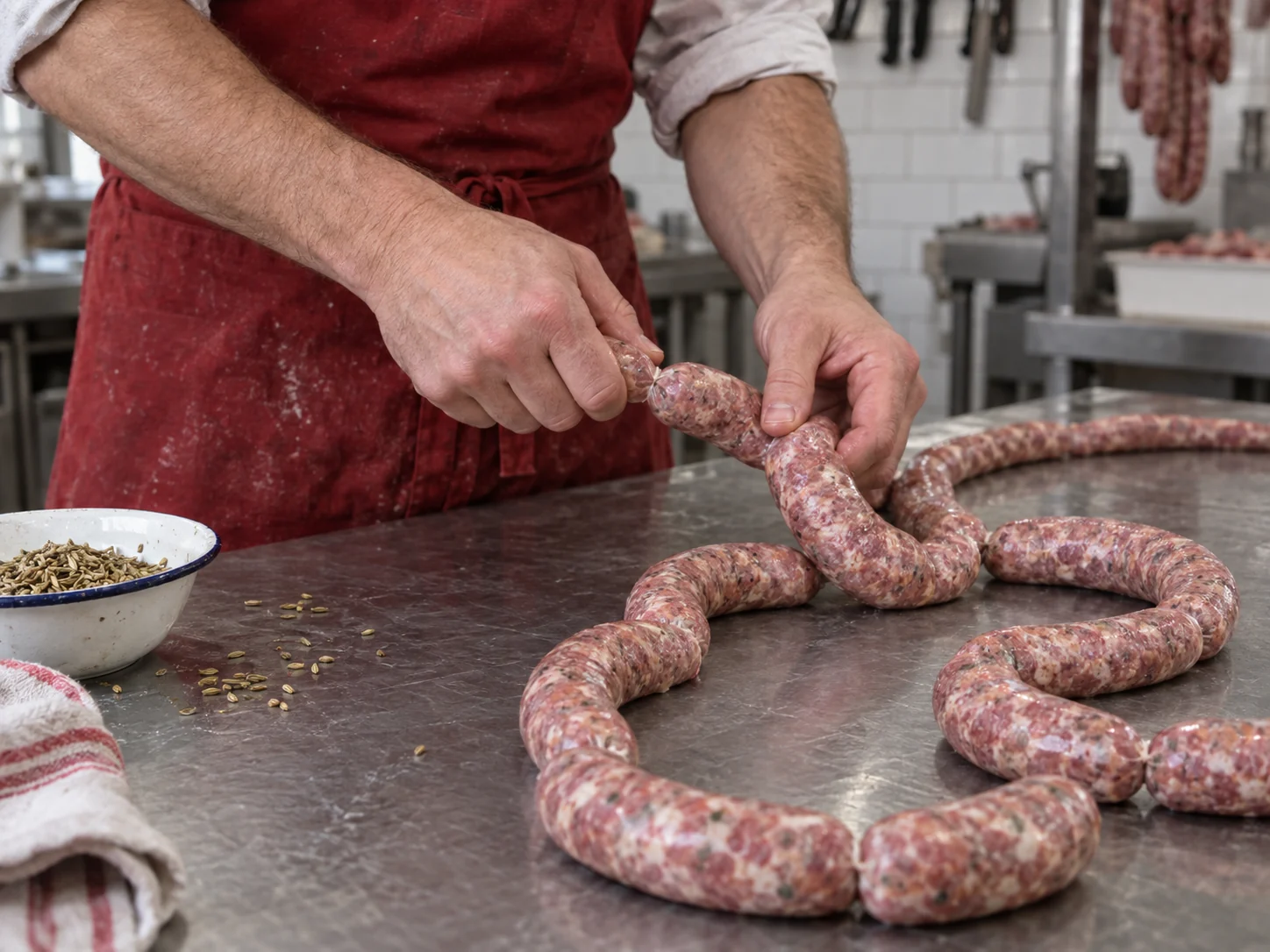 A butcher in a red apron links fresh pork sausages at a stainless counter.