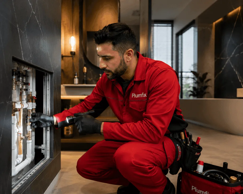 A Copperline plumber finishing a clean under-sink install