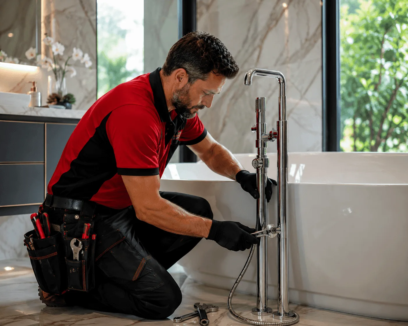 Plumber installing a modern kitchen faucet