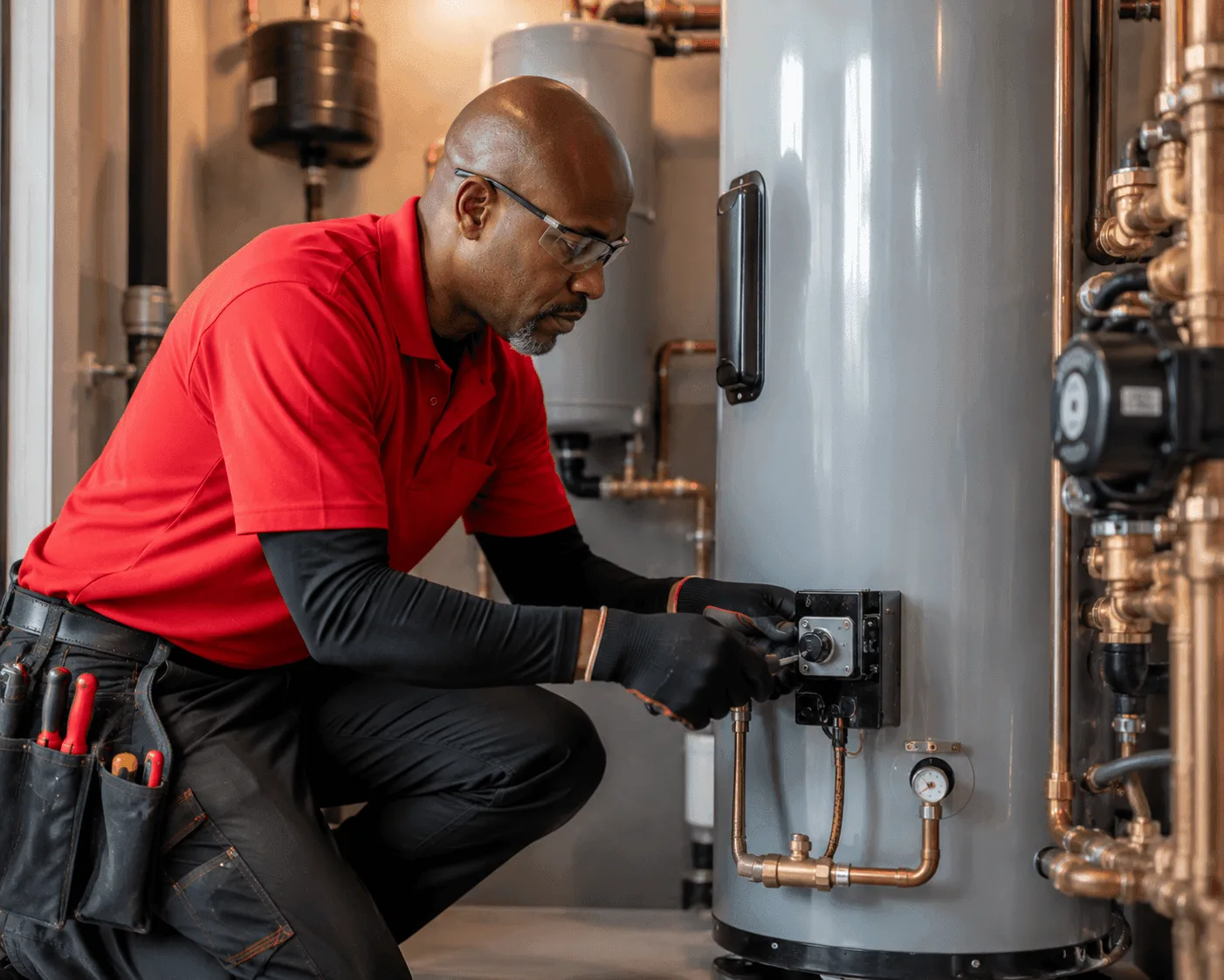 Two plumbers servicing copper pipework