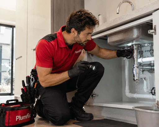 Plumber inspecting under-sink pipework for leaks