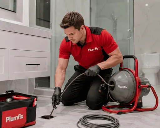 Plumber clearing a drain with a powered auger