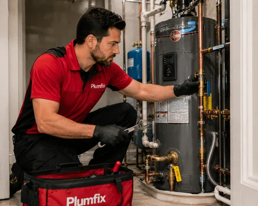 Plumber servicing a residential water heater