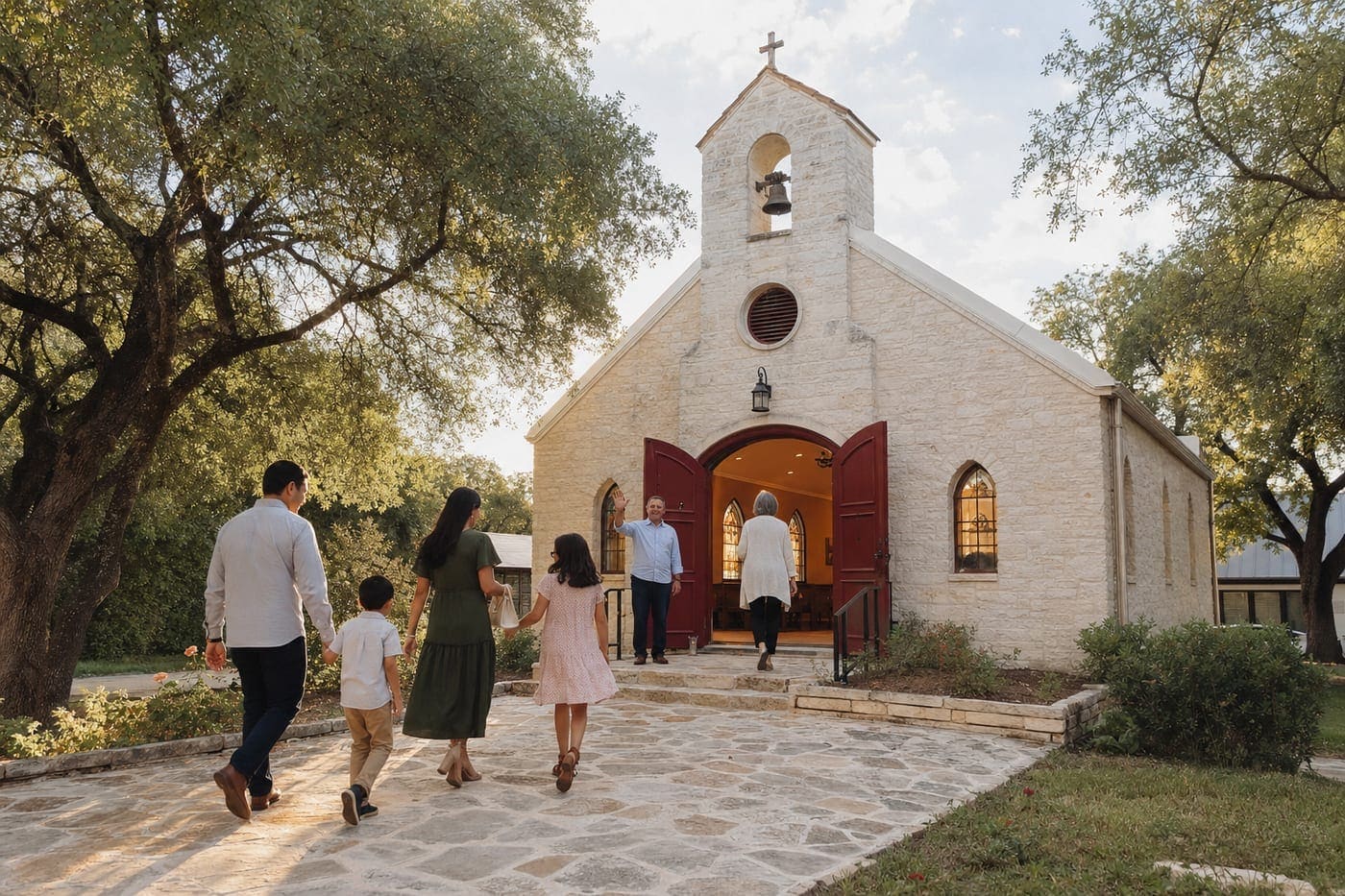 Fieldstone Church on a Sunday morning — a warm stone building with its doors open and neighbors arriving.