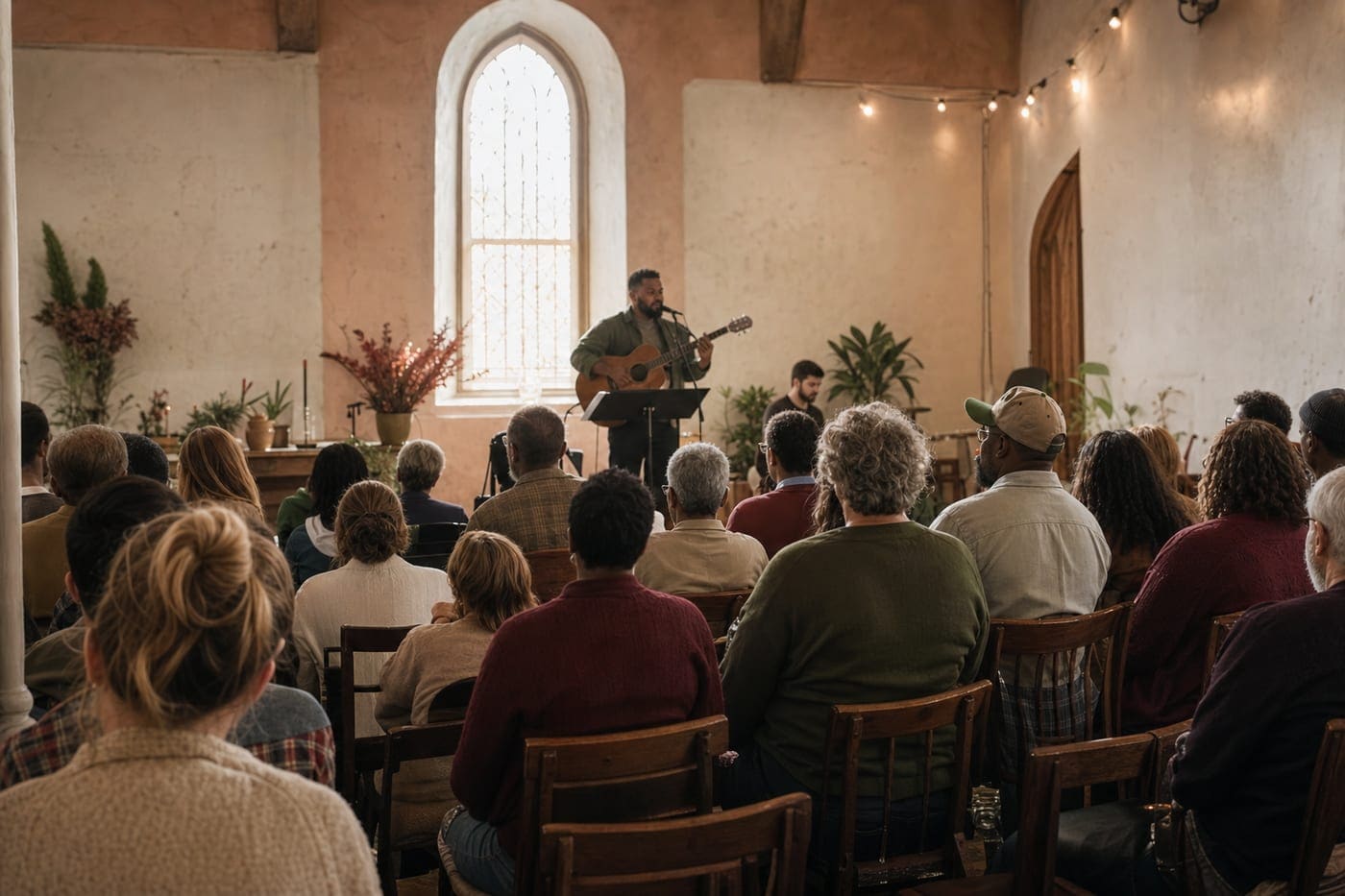 Inside a Sunday gathering at Fieldstone — neighbors filling a light-filled room.