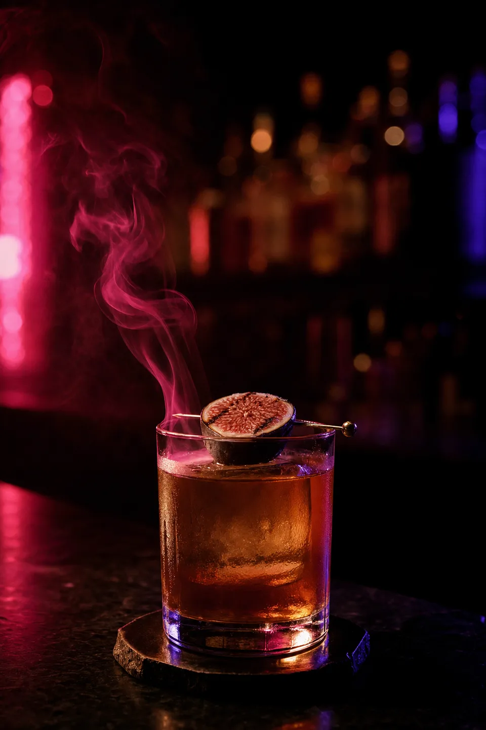 Ballast — scotch and sherry over a smoked cube, a ribbon of smoke rising