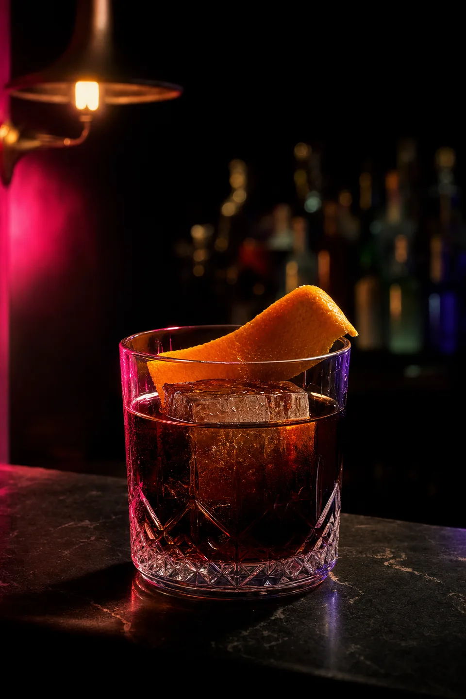 Low Beam — dark tequila and amaro over one hand-cut cube, orange oil on the surface