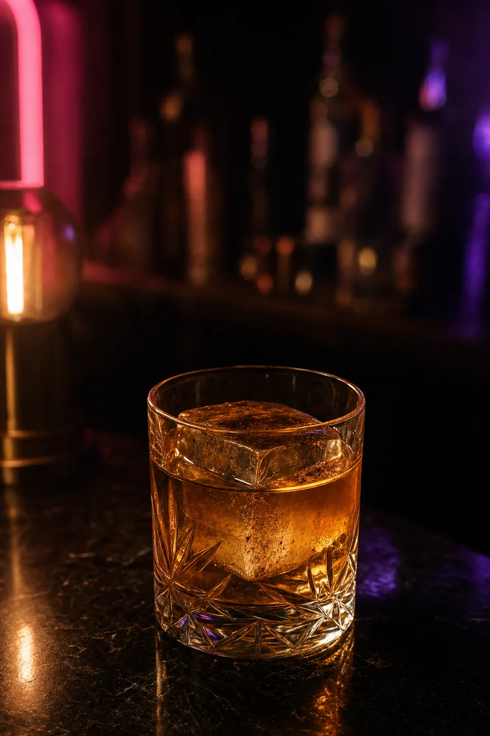 Tungsten — a warm gold rye cocktail over one hand-cut cube, walnut bitters on the surface