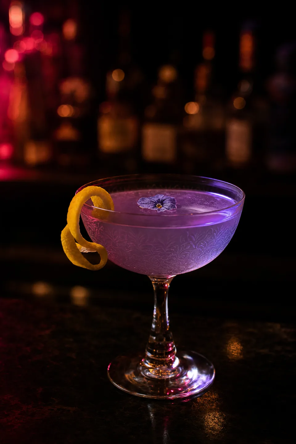 Violet Hour — a pale violet gin cocktail in a vintage coupe, lemon twist on the rim