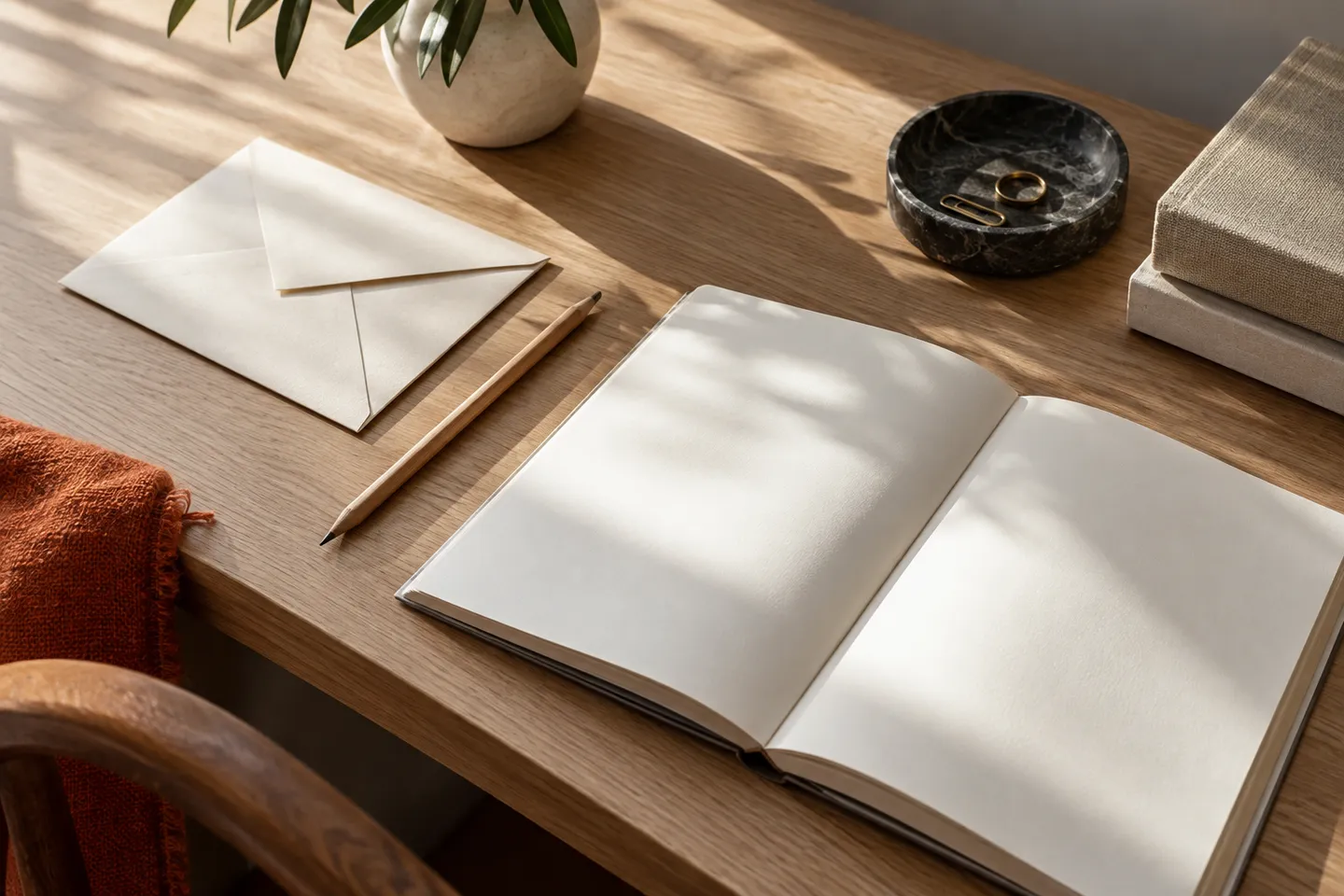 An envelope and open notebook