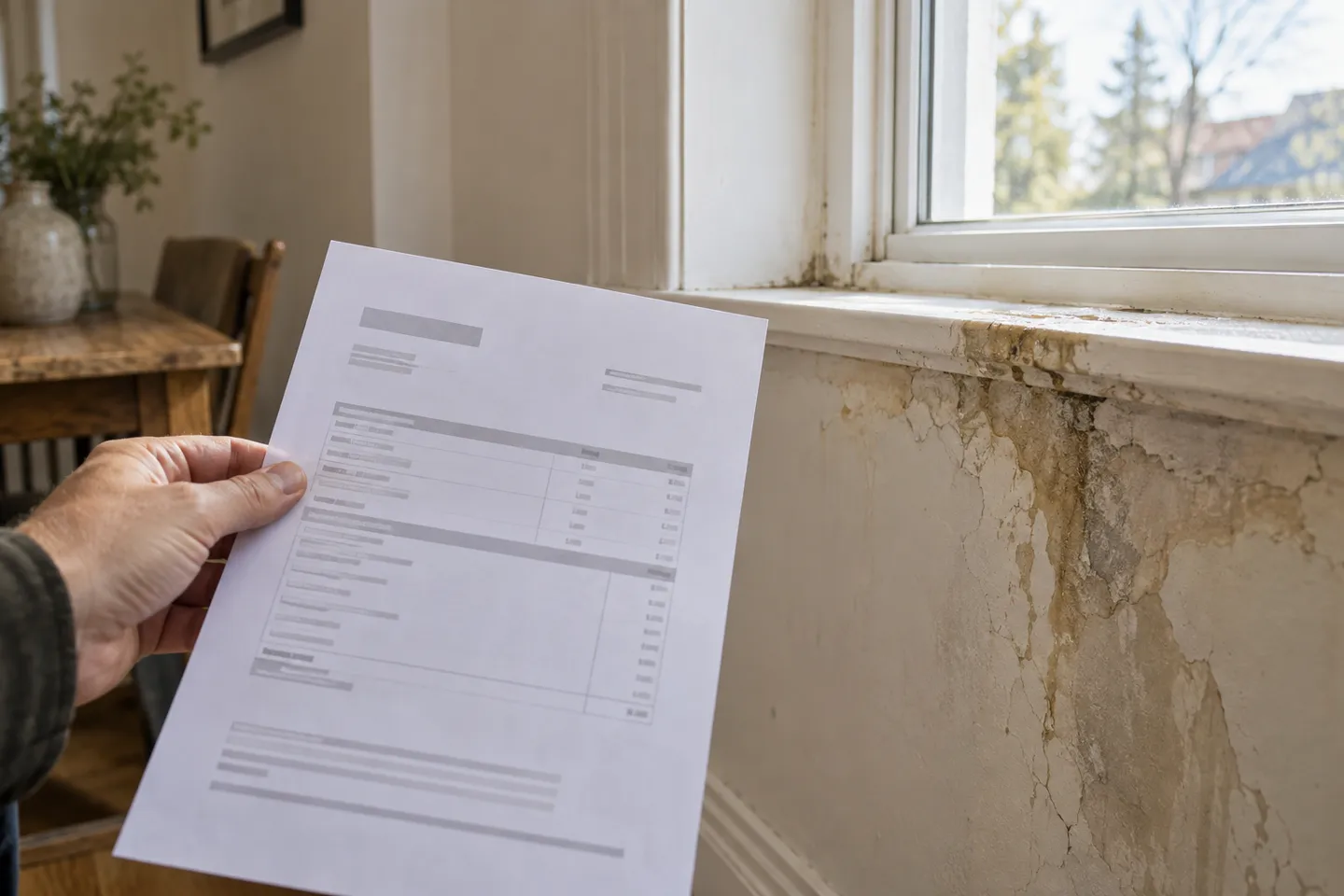 An estimate considered beside a water-damaged window reveal