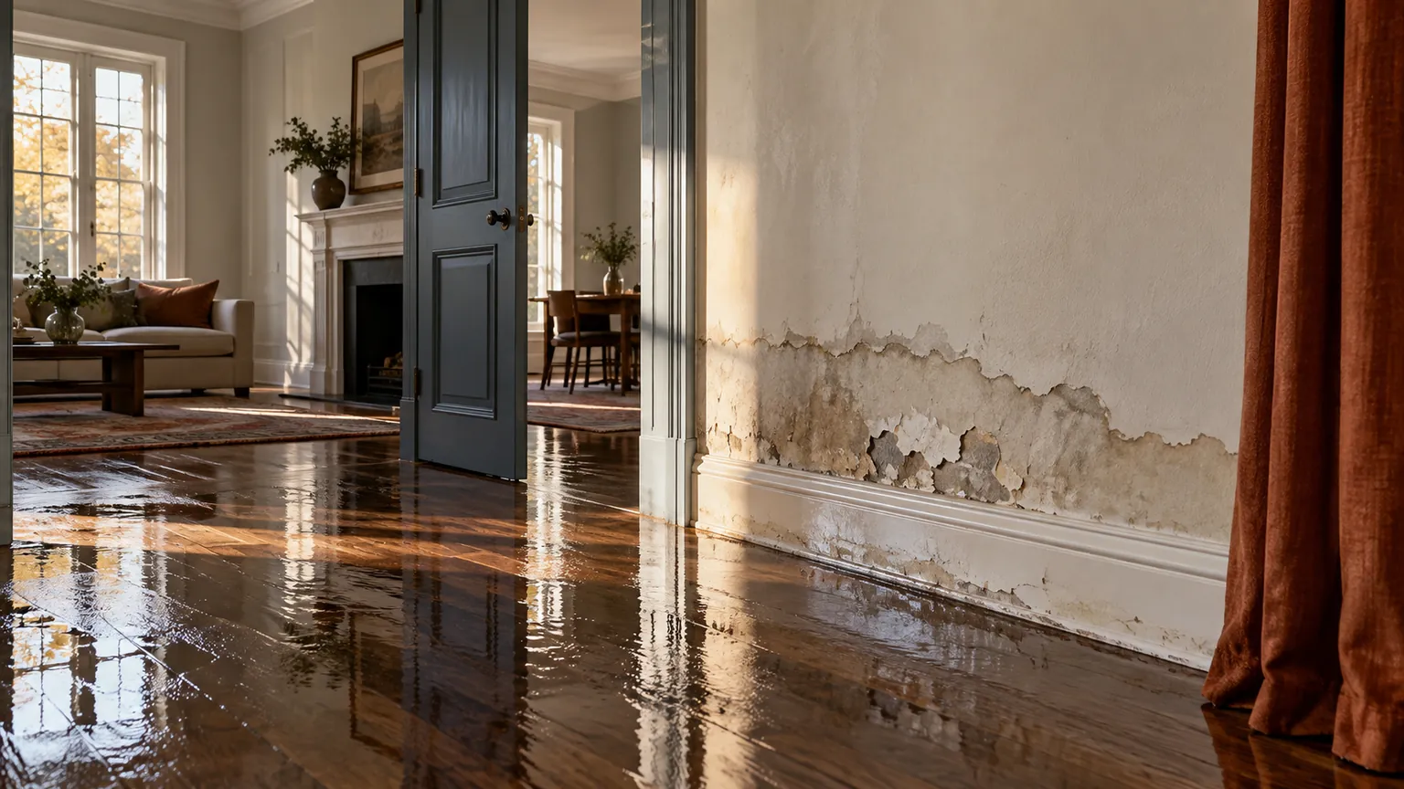 Sunlight across a water-damaged plaster wall and wet oak floor
