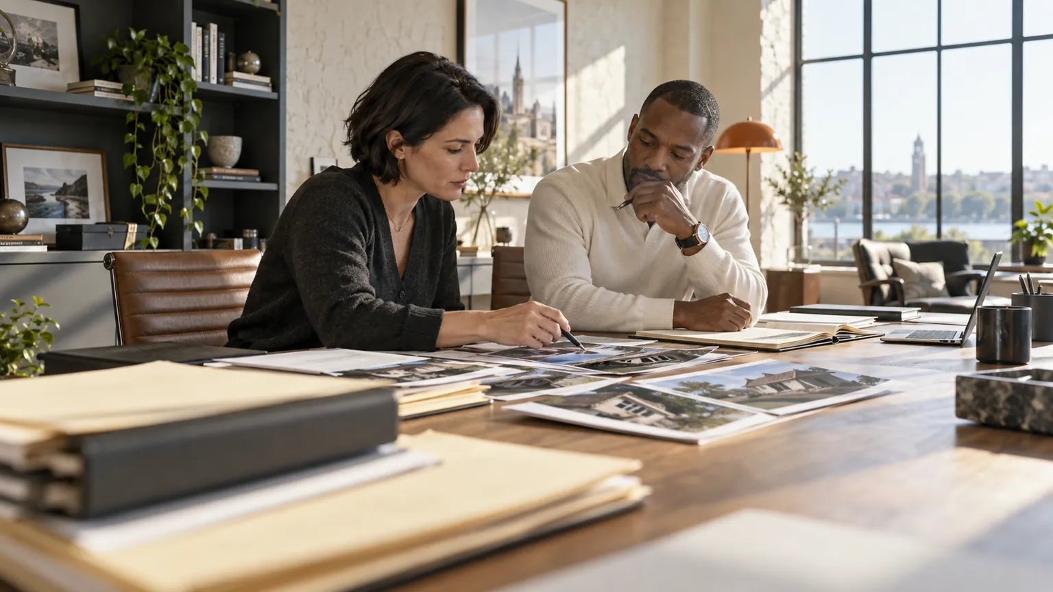 Legal professionals organizing claim documents in a bright office