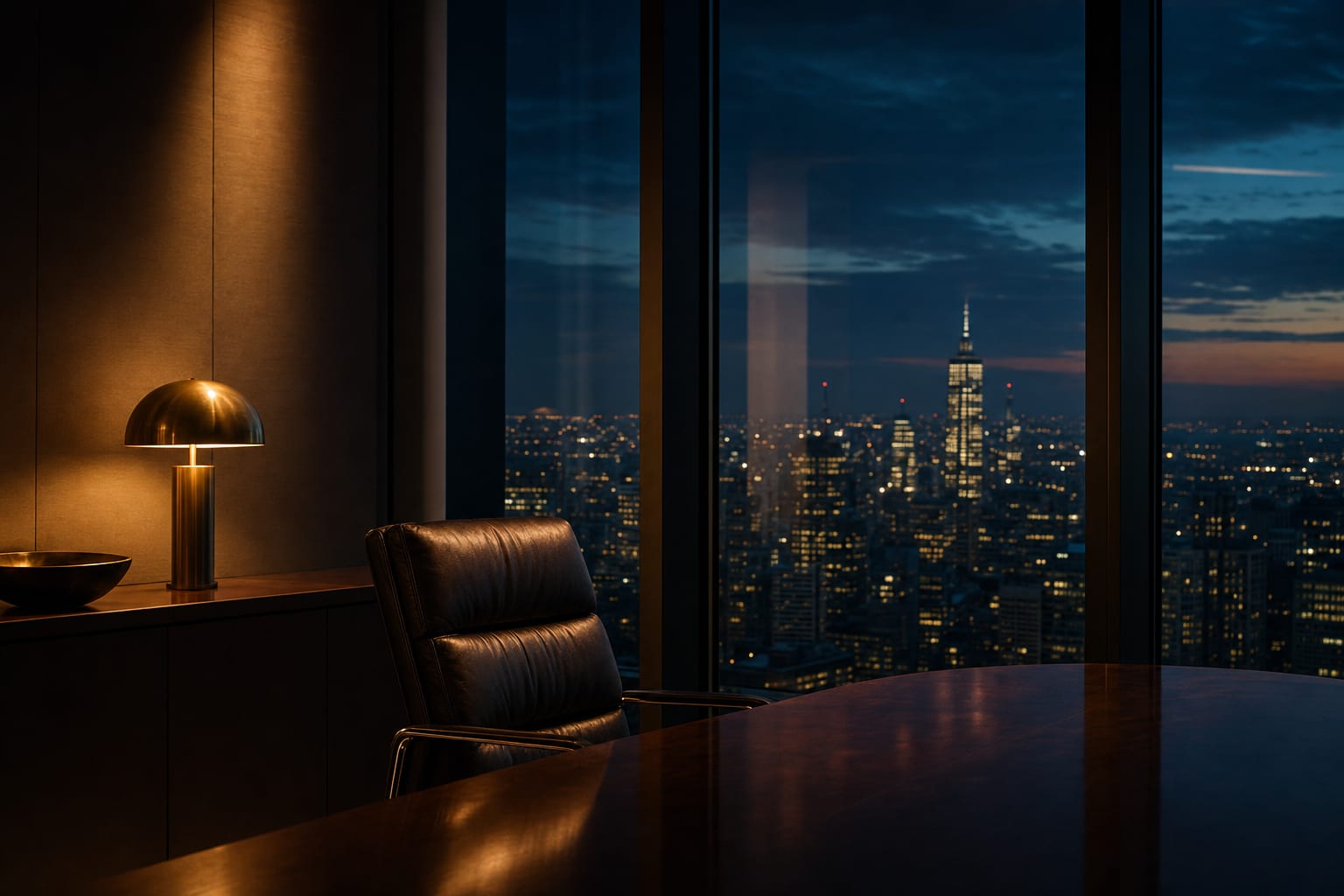 Corner law office at dusk, high above the city financial district