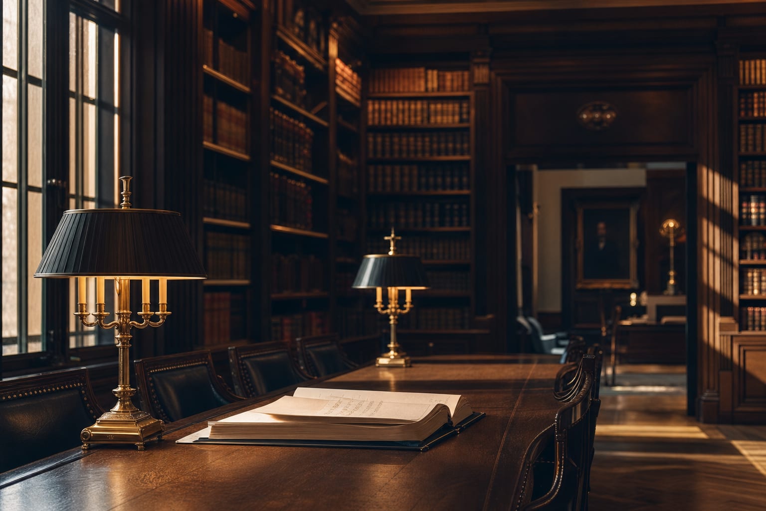 Grand private law library with brass reading lamps and leather-bound volumes