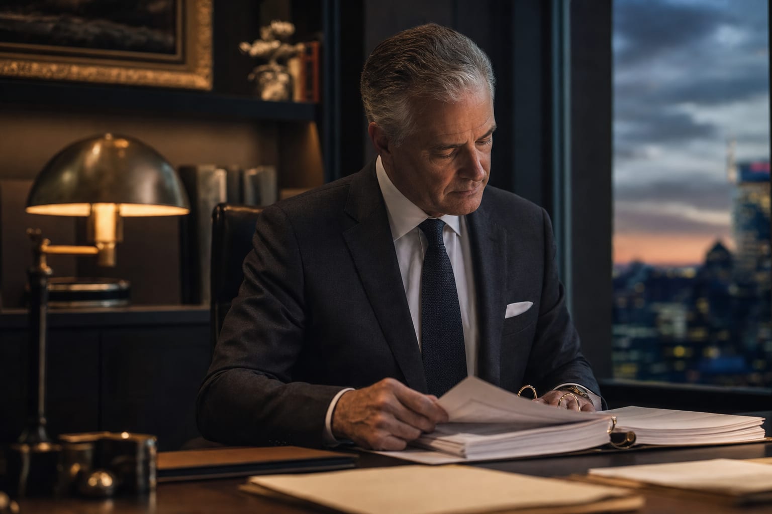 Senior attorney studying a policy binder beside a tall window at dusk