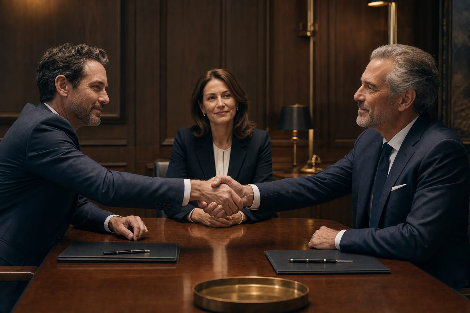 Two business partners shaking hands across a mediation table