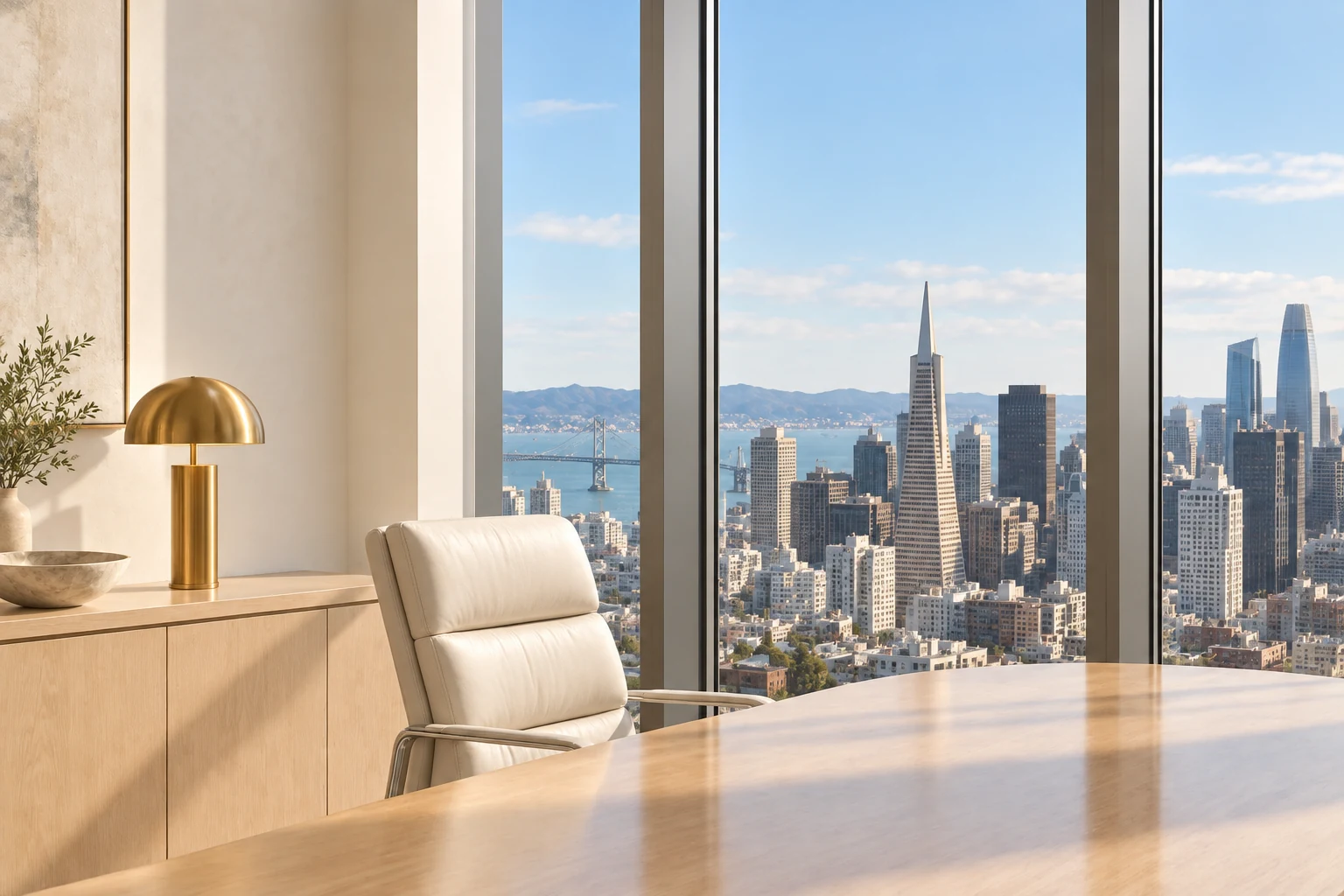 Bright corner law office overlooking the San Francisco financial district in daylight