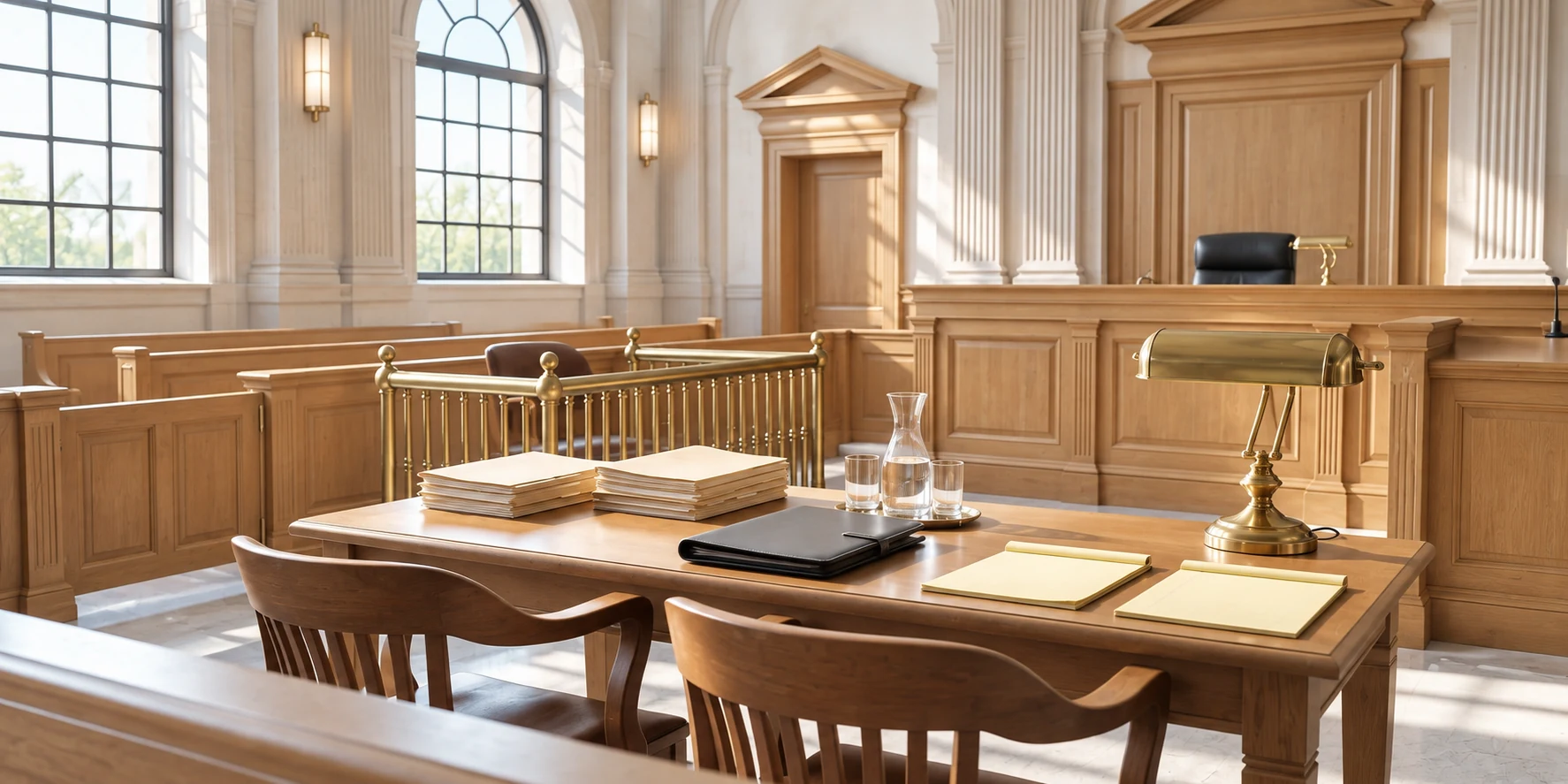Daylit courtroom with pale walls, light oak counsel tables and tall windows