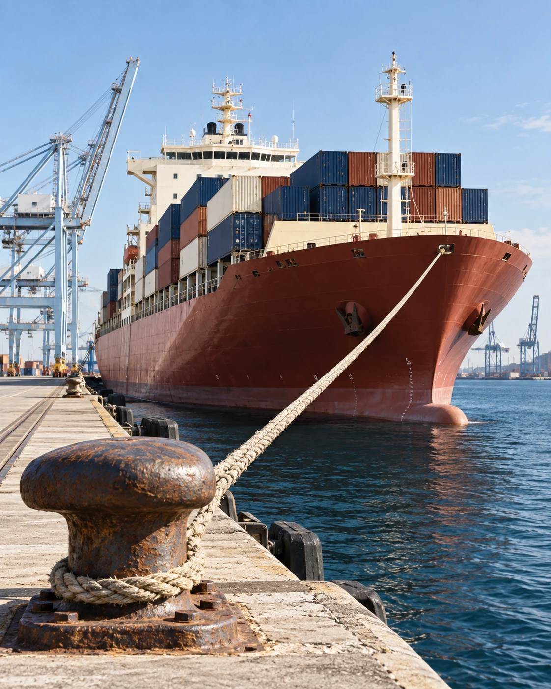 A burnt-red container vessel moored at a bright commercial harbor, with cargo, cranes and a dockside mooring rope.
