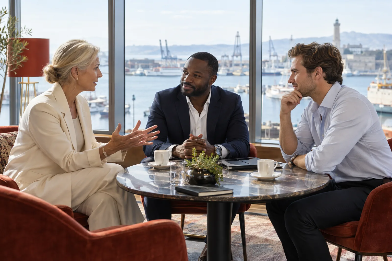 A thoughtful conversation in a bright harbor-facing room.