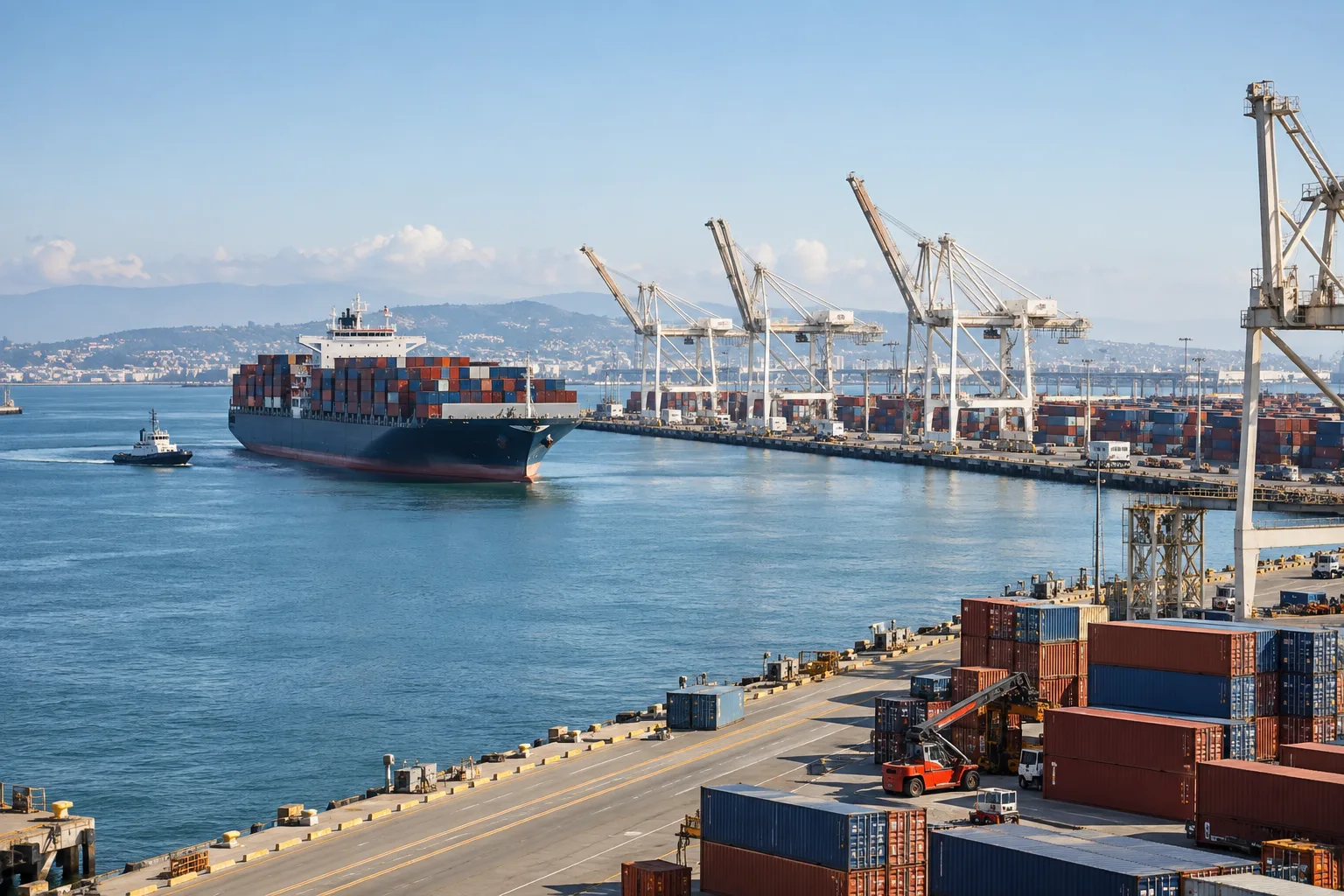 A broad view across a working commercial port.
