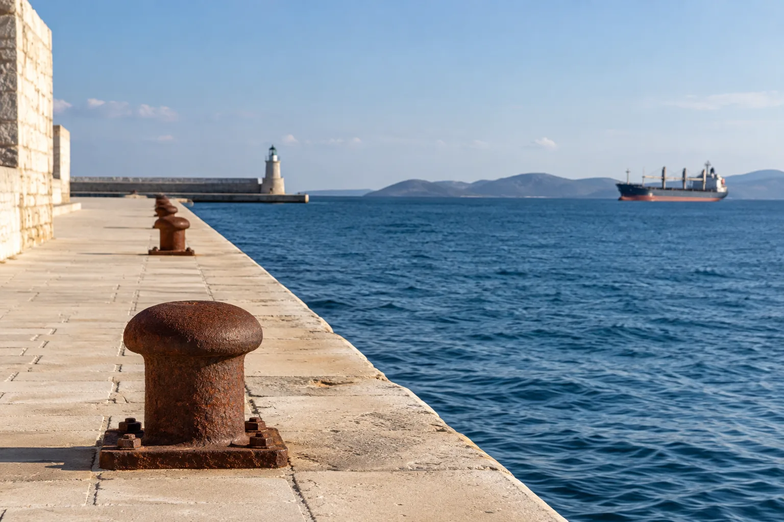 A quiet sunlit quay and blue harbor water.