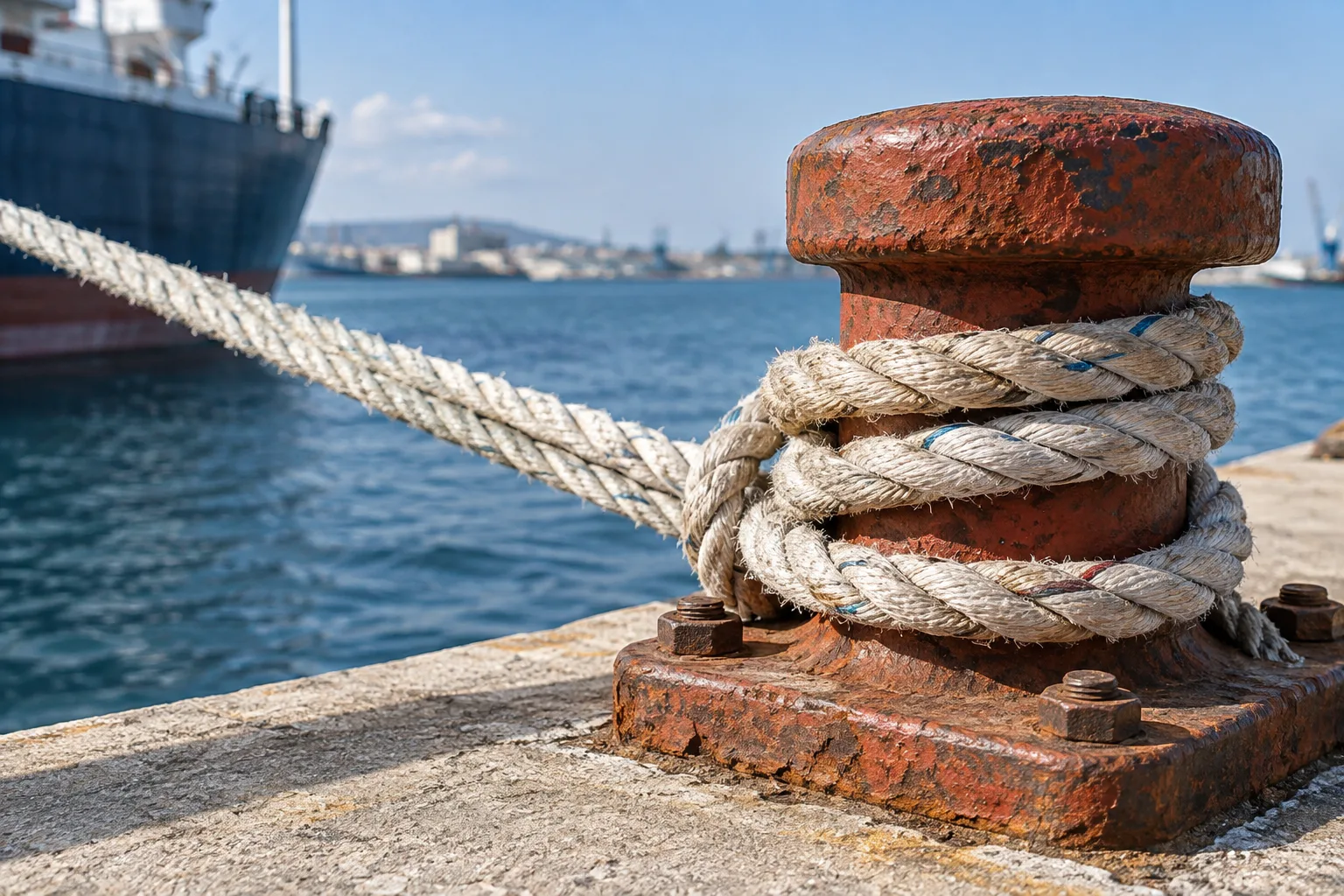 A mooring rope secured to a rust-painted bollard.