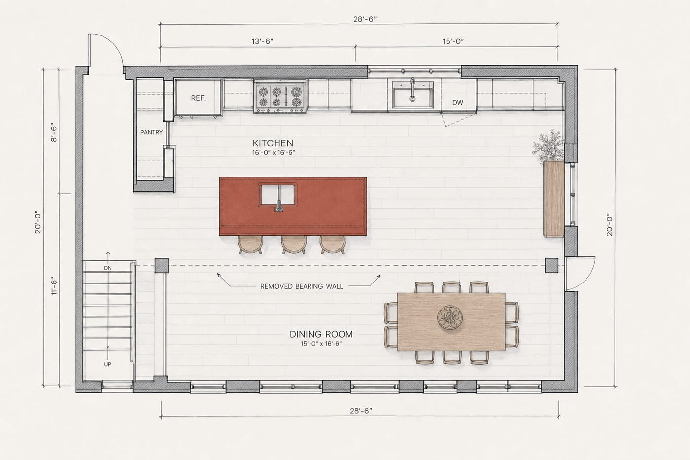 As-built floor plan of the Alder Street kitchen: the load-bearing wall between kitchen and dining removed, a flush beam above, and a nine-foot island added where the wall stood.
