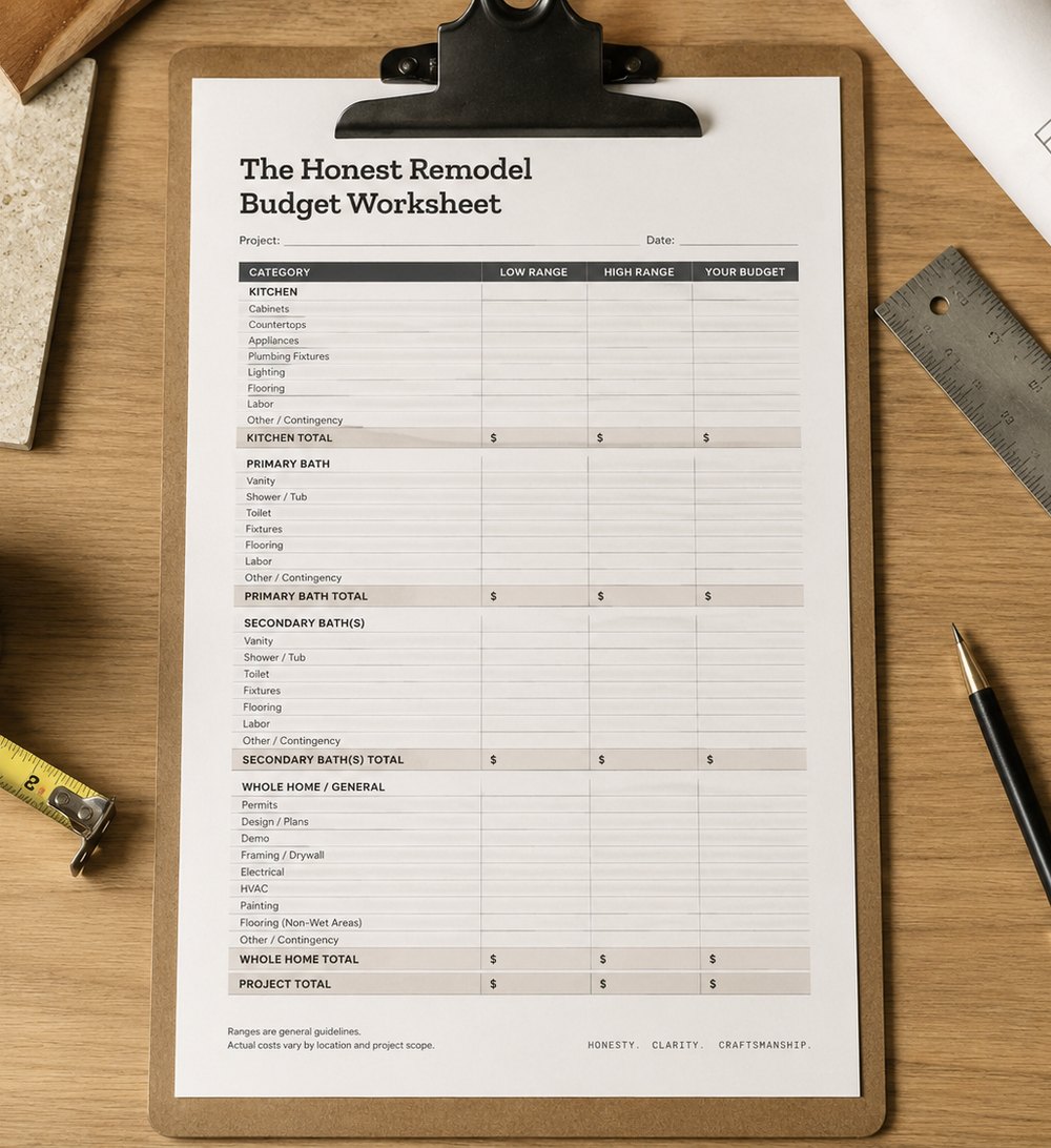 The Honest Remodel Budget Worksheet — a printed, line-by-line renovation cost worksheet.