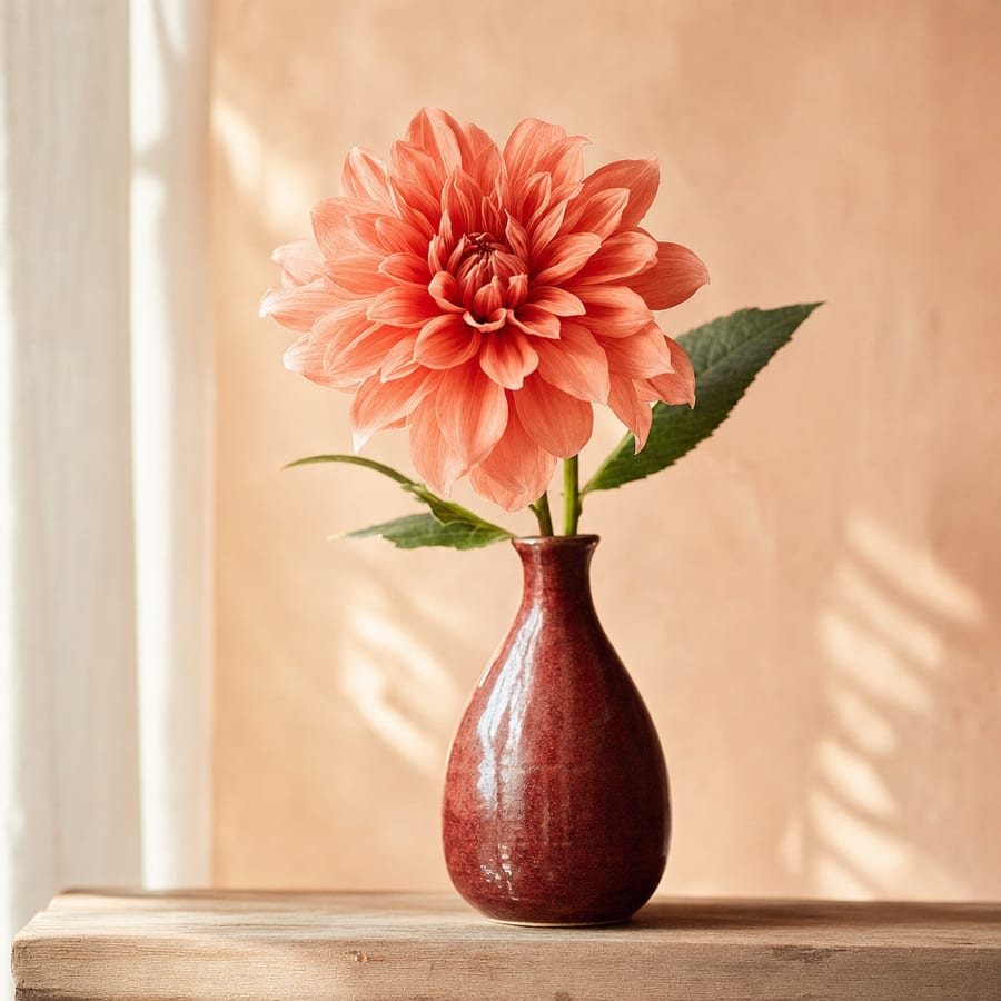 A hand-thrown rosewood clay vase holding one coral dahlia