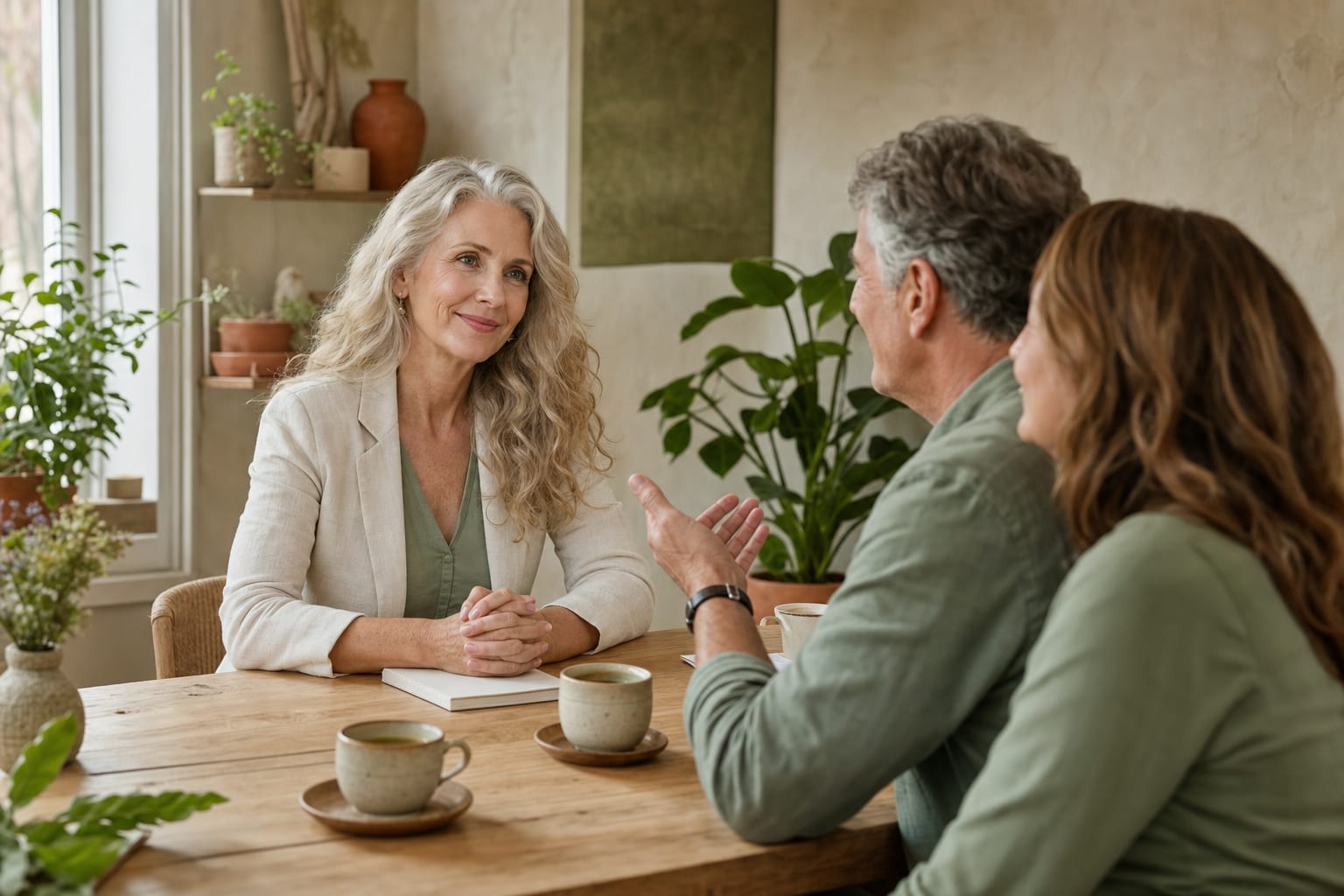Dr. Elena Marsh listening across a wooden consultation table to a relaxed, smiling couple — soft window light, houseplants and herbal tea between them