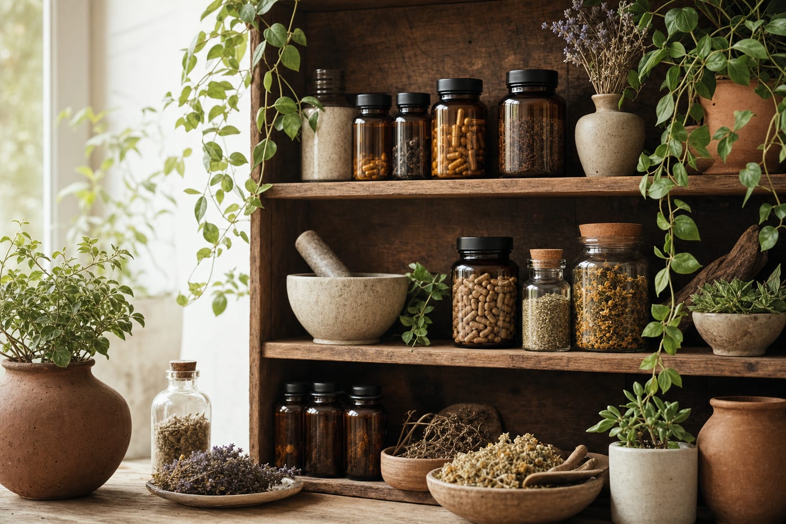 The Linden dispensary — amber jars of herbs and supplements, a stone mortar and pestle, dried botanicals and trailing houseplants on rustic wooden shelves