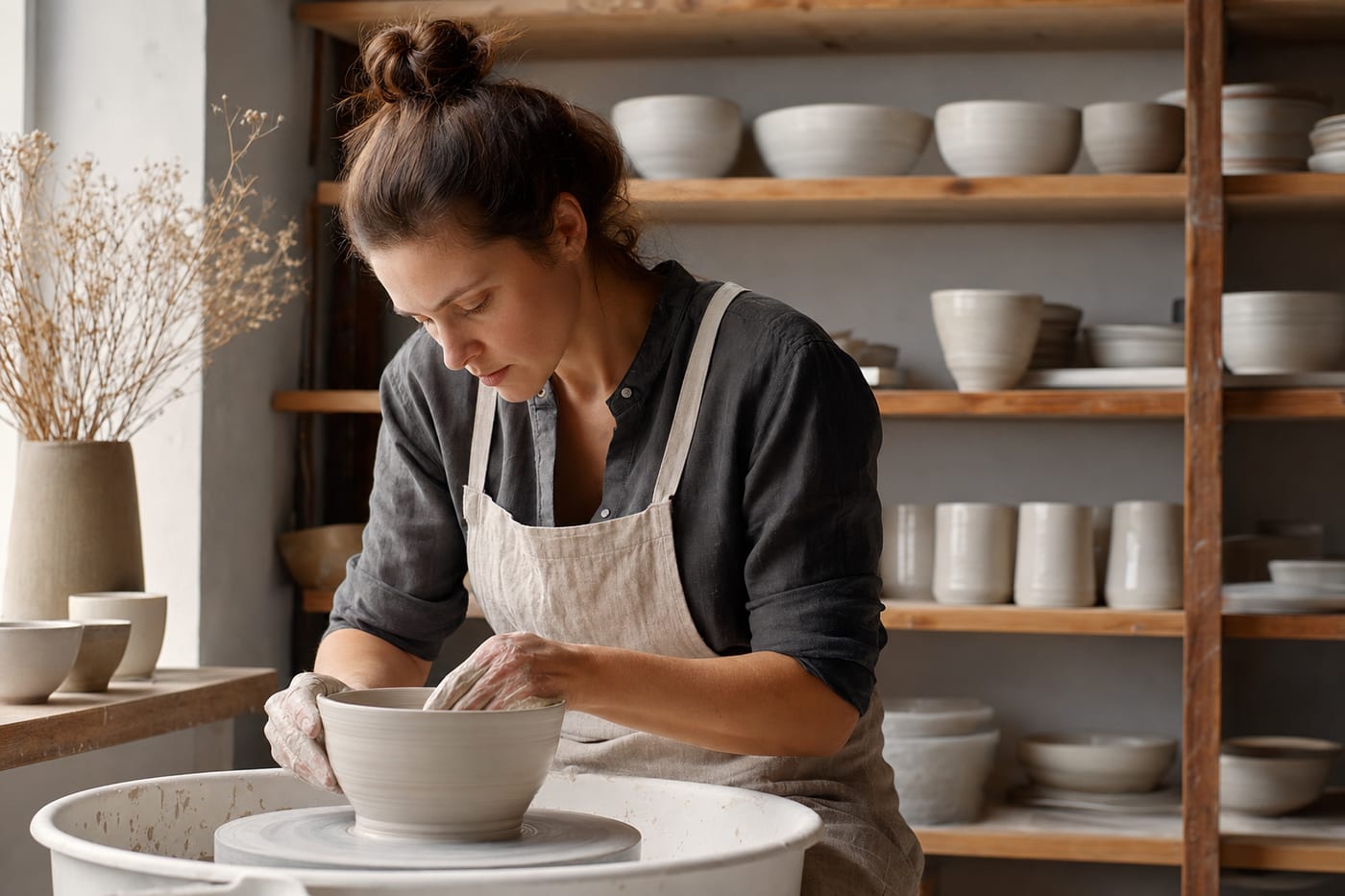 An illustrated scene of Wren Halloway at the potter's wheel, a bowl rising under her hands, finished pieces drying on the shelf behind her.