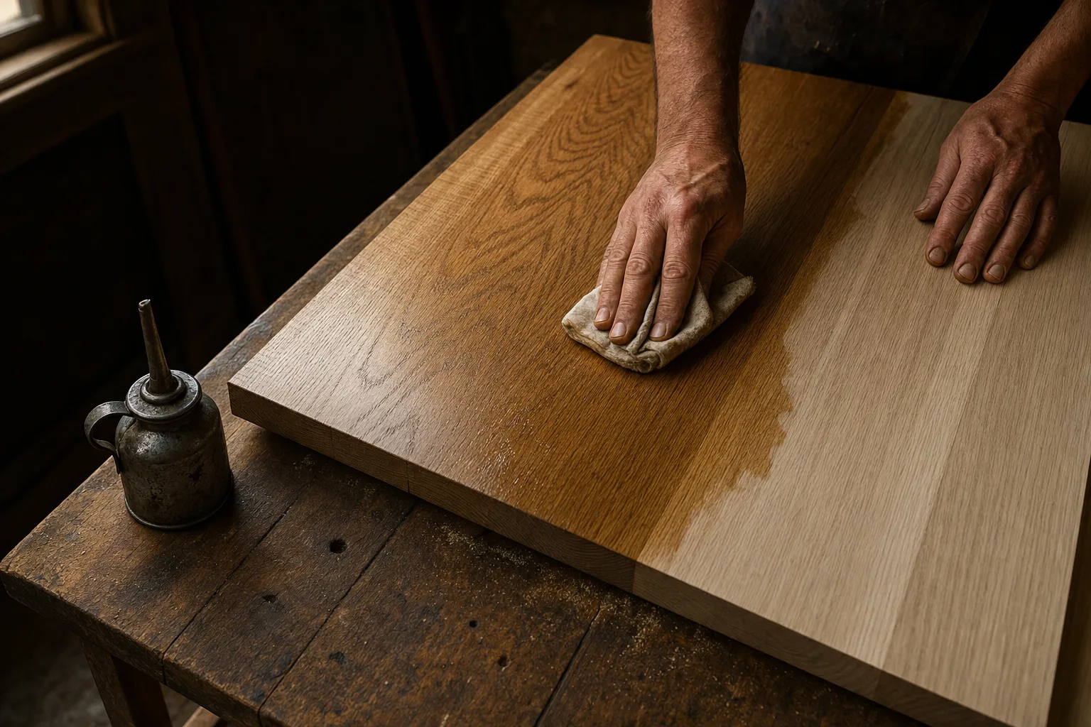 Hands rubbing natural oil into a white-oak tabletop in the Kerfhaus finishing room.