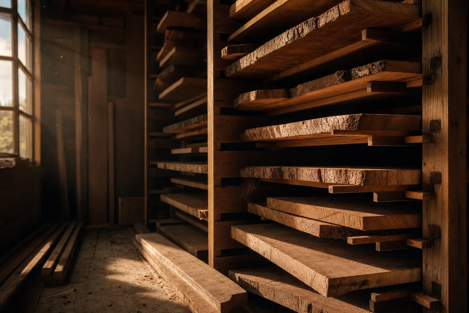 Rough-sawn hardwood boards stickered on drying racks in the Kerfhaus timber loft.