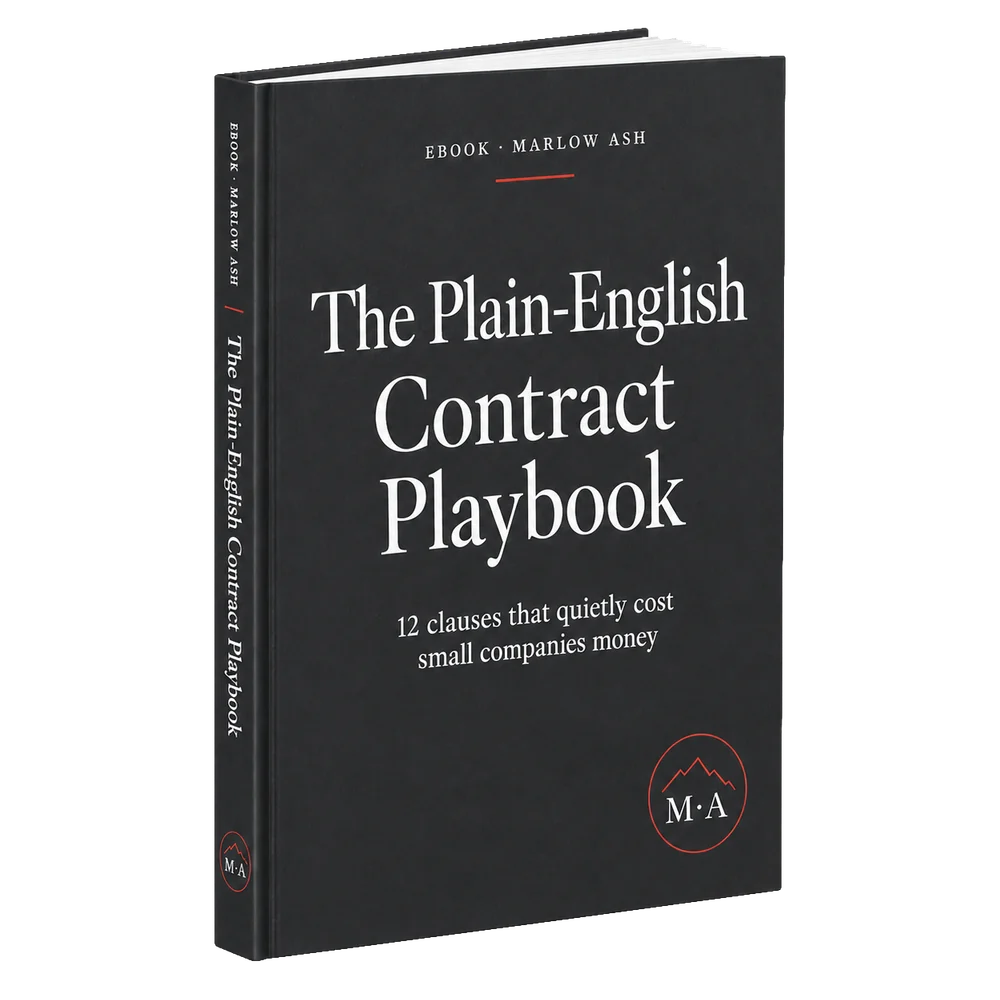 The Plain-English Contract Playbook — a hardcover copy of the Marlow Ash guide.