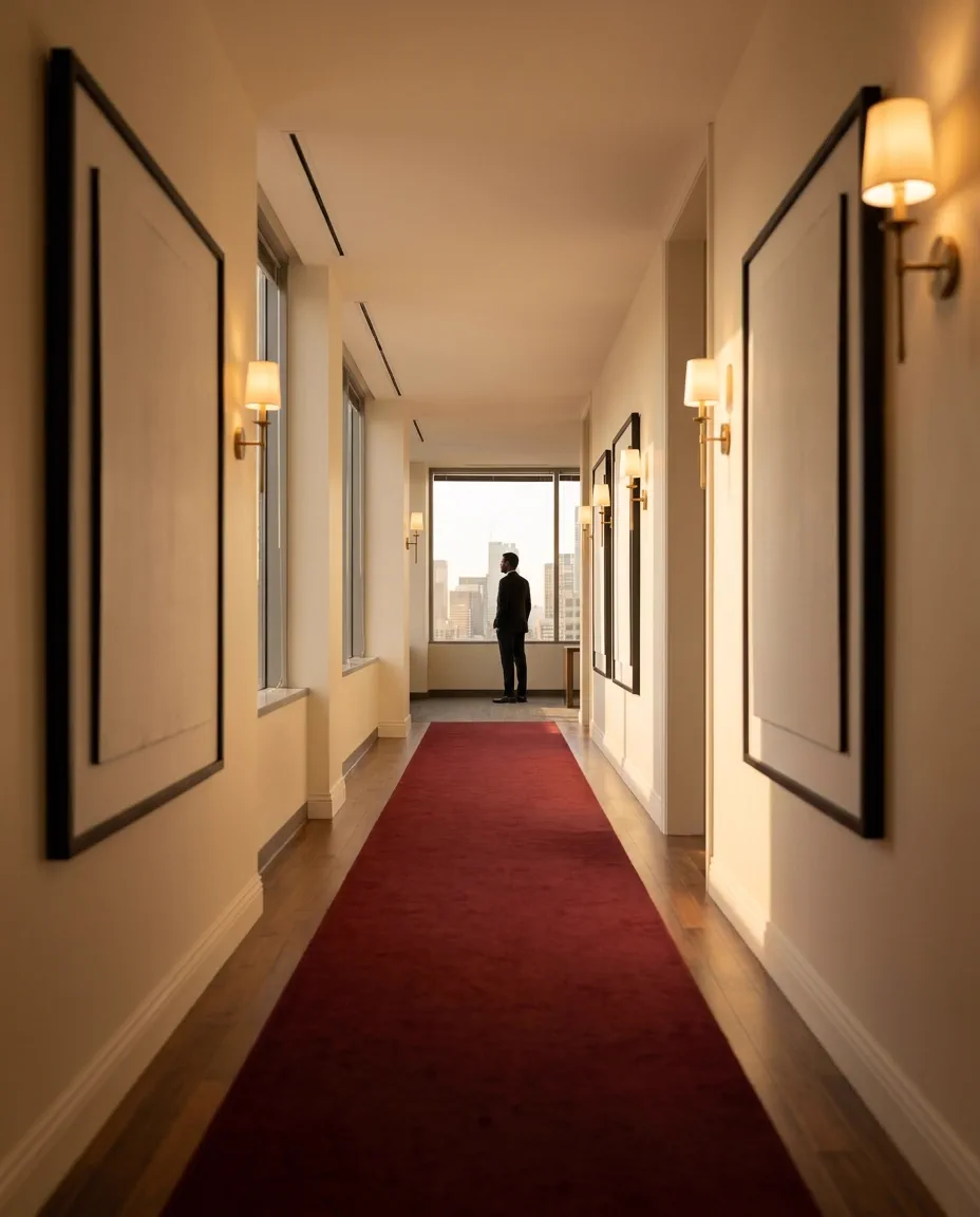 The firm's corridor: warm sconces, framed art, a deep red runner.